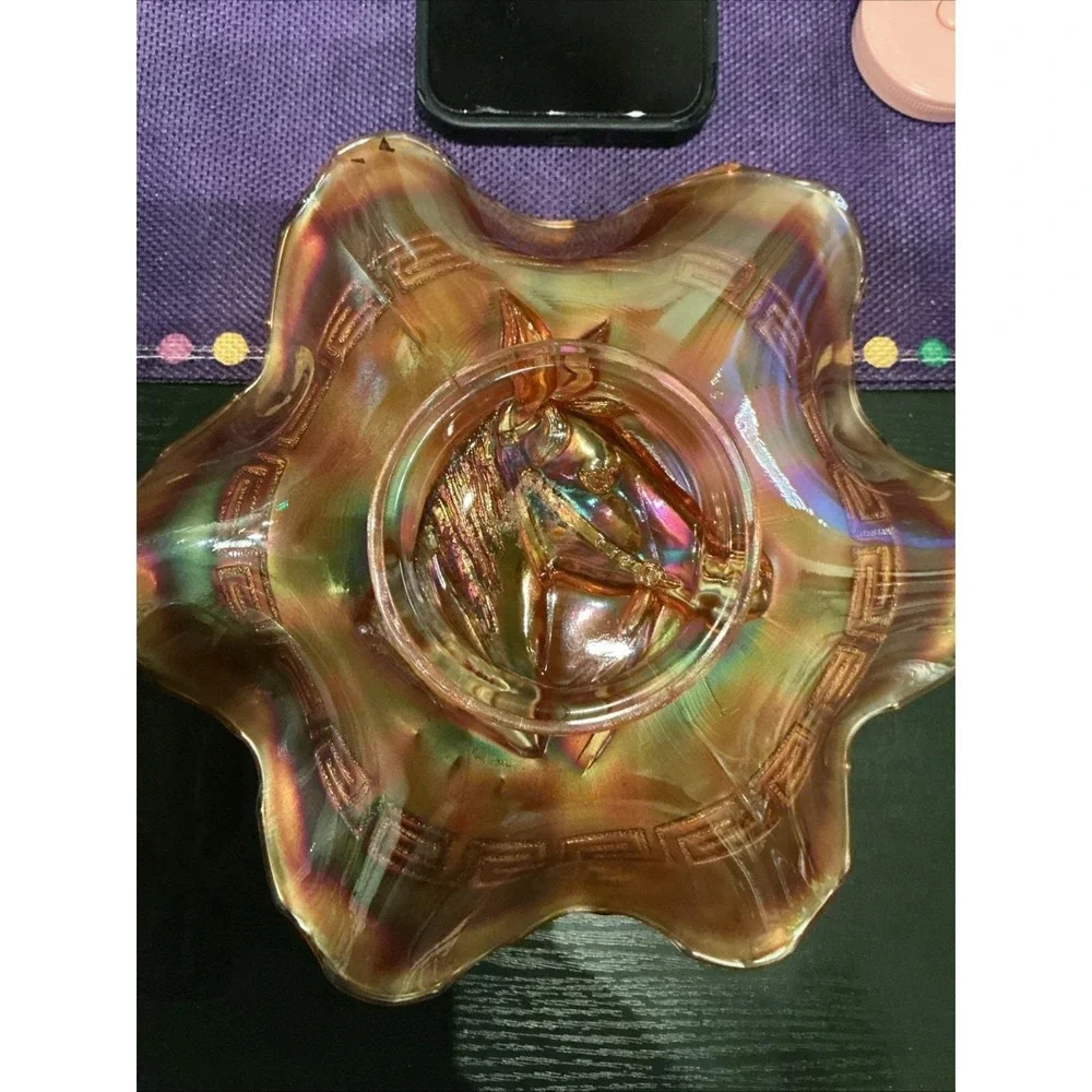 Dugan Carnival Glass Pony Horse‎ Head Ruffled Bowl Marigold Greek Key Iridescent